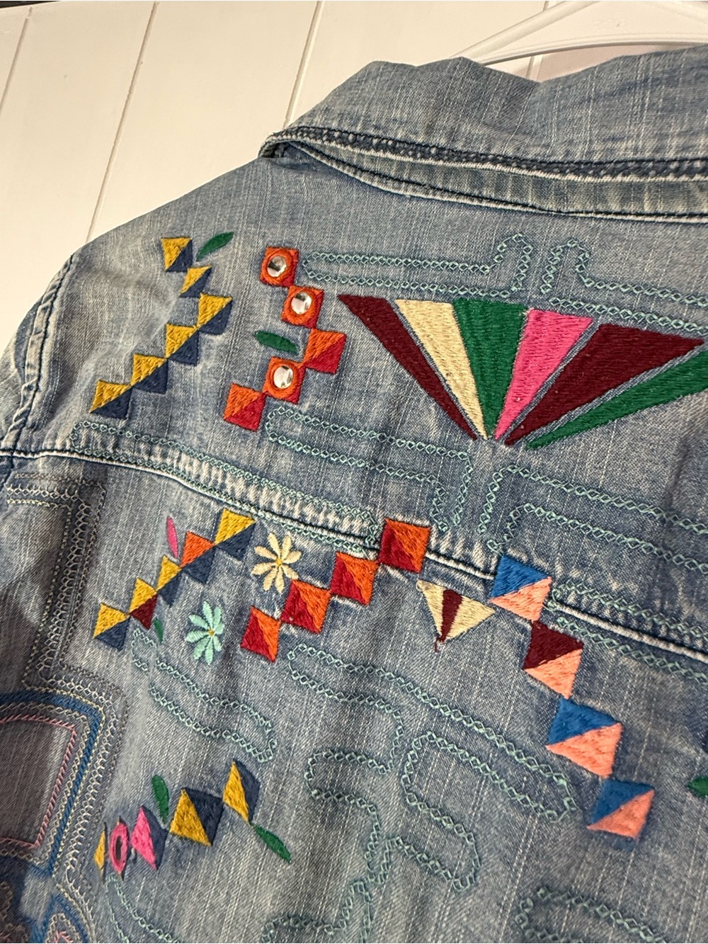 Vintage Blanc NYC Light Blue Denim Jacket with Multicolor Embroidery - Picture 3 of 9